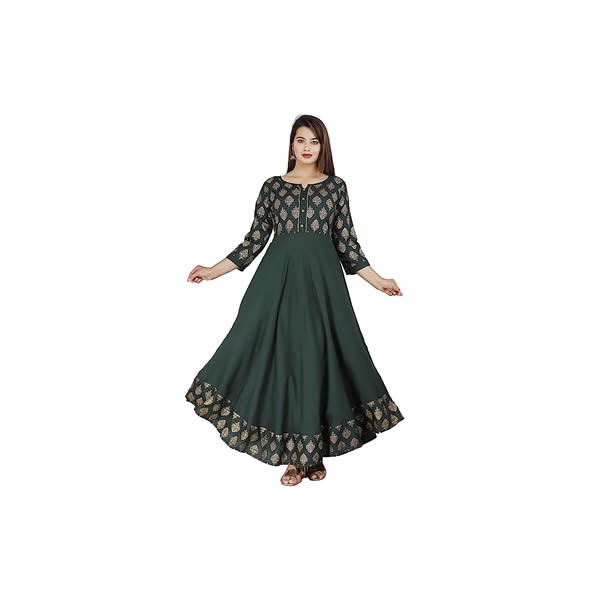 Women's Rayon Gold Print Flared Kurta with Dupatta0