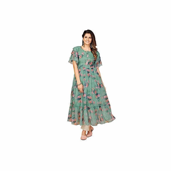 Women's Printed Anarkali Georgette Aqua Green Stitched Kurta