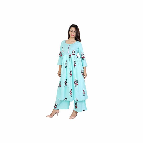 Women's Cotton Kurti With Palazzo Pant Set (Light Green)