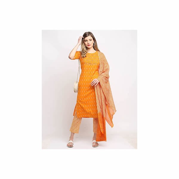 Women's Pure Cambric Cotton Embroidered Kurta Set With Dupatta (Orange)