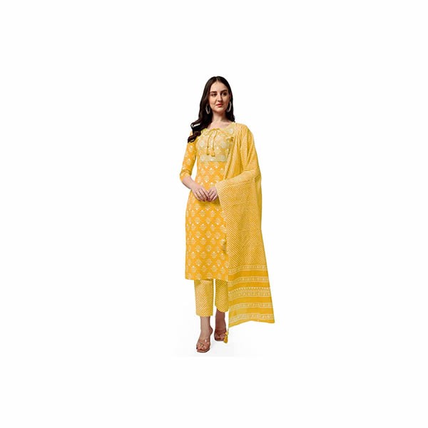Women's Stylish Straight Fit Cotton Ethnic Block Motif Printed Kurta Set with Trouser Pant and Dupatta