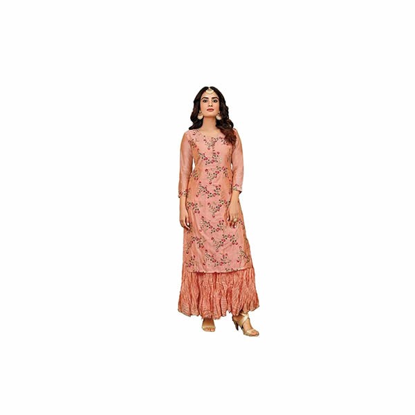 Women's Embroidered Straight Silk Kurta PeachColor