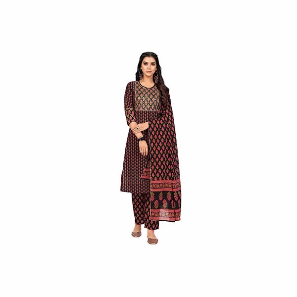Women's Print & Sequience Straight Cotton Black Stitched Kurta Pant with Dupatta