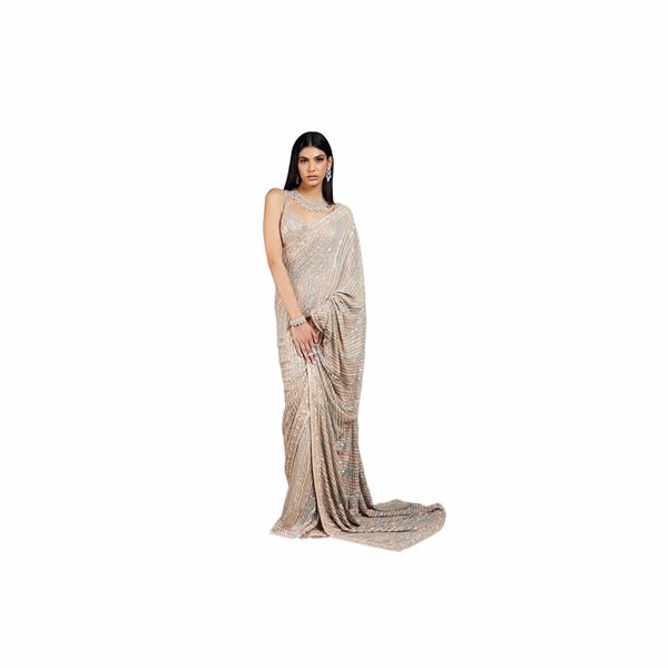 Women's Georgette Embroidered Cream Saree With Unstitched Blouse Piece