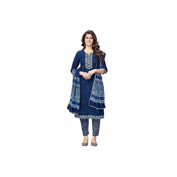 Women's Shibori Print & Sequence Straight Cotton Blue Kurta,Pant & Dupatta