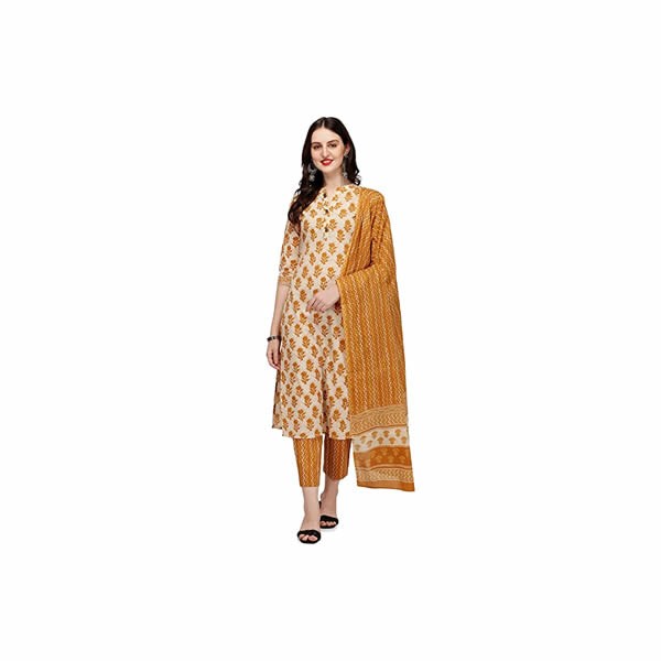 Women's Yellow Cotton Straight Kurta with Pant and Dupatta