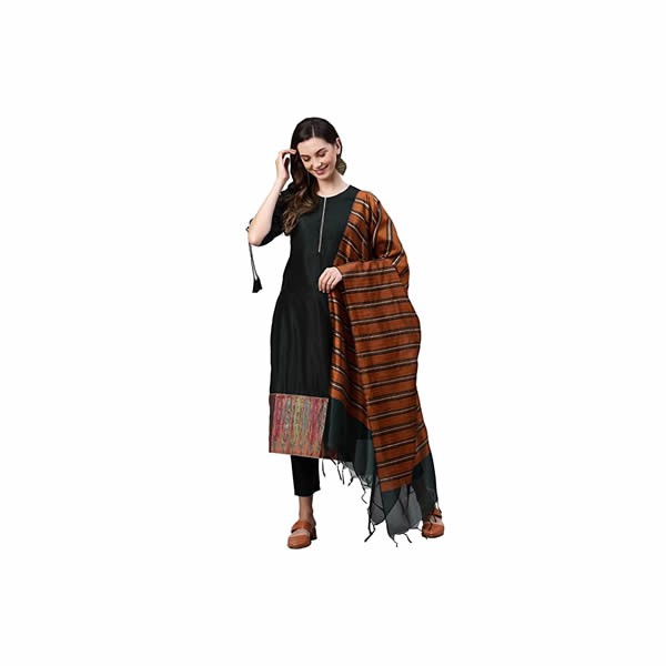 Women's Solid Cotton Blend Straight Kurta Pants With Dupatta Set