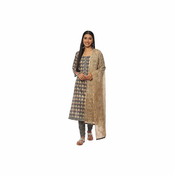 Women's Grey Cotton Screen Print Unstitched Suit Set