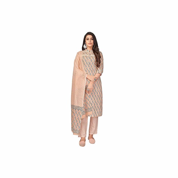 Women's Printed & Lace Work Straight Cotton Light Peach Kurta,Pant with Dupatta