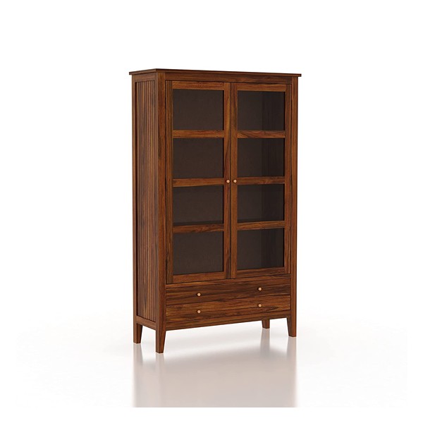 TG Furniture Sheesham Wood Multipurpose Kitchen Cabinet Display Rack with 2 Door and 2 Drawer for Living Room Bedroom Solid Wood Bookcase Wooden Furniture for Home Office (Natural Finish)