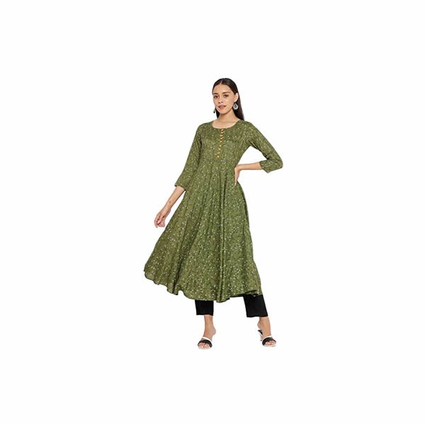 Women's Rayon Green & Black Floral Printed Kurta 2101_Green