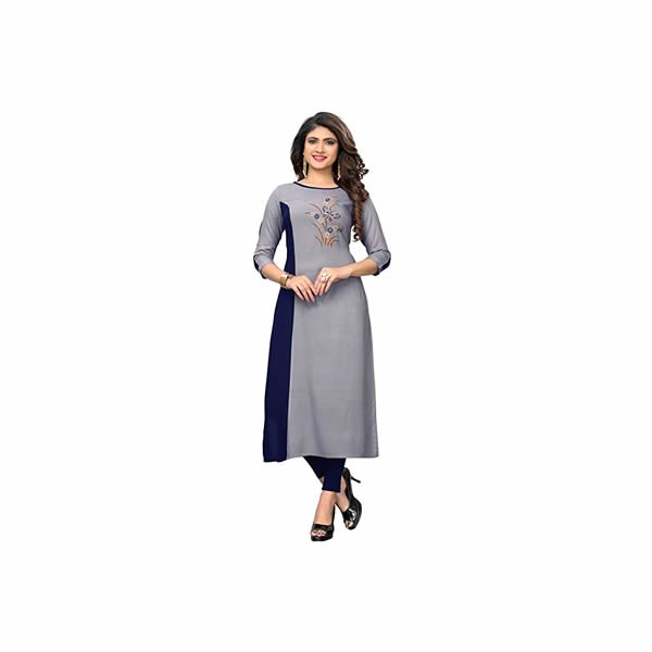 Women's Rayon Embroidered Straight Stitched Grey Stylish Kurta