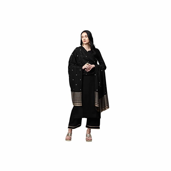 Women's Ruby Cotton Printed Straight Kurta with Palazzos & Dupatta (Black)