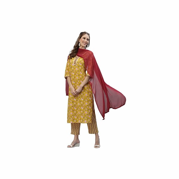 Women's Floral Printed Cotton Straight Kurta Pant Dupatta Set (Mustard)