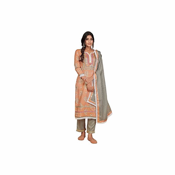 Women's Printed & Lace Work Straight Rayon Stitched Kurta Pant with Dupatta