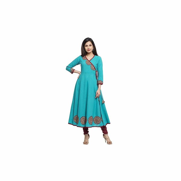 Women's Cotton Slub Zari Embroidered A-line Kurta (Blue)