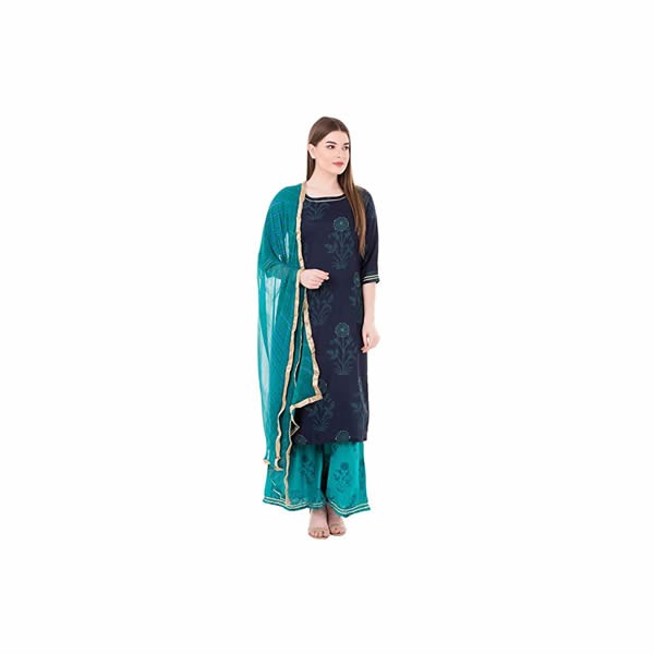 Women's Rayon Kurta Palazzo With Chiffon Printed Dupatta Set (Blue)