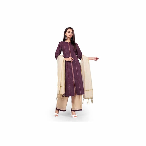 Women and Girls Jari Cotton Lace Kurti Set with 3/4 Sleeve Jacquard Dupatta with Cotton Palazzo Pant and Round Neck All Occasion Wear Kurta Set Stylish