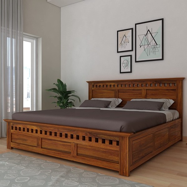 TG Furniture Solid Sheesham Wood Armania King Size Bed with Box Storage for Bedroom Furniture Wooden Palang Double Bed for Living Room Hotel Guest House (Honey Finish)