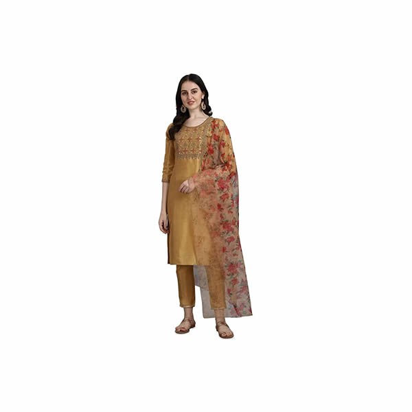 Women's Embroidered Silk Blend Kurta Pant and Dupatta Set, Mustard
