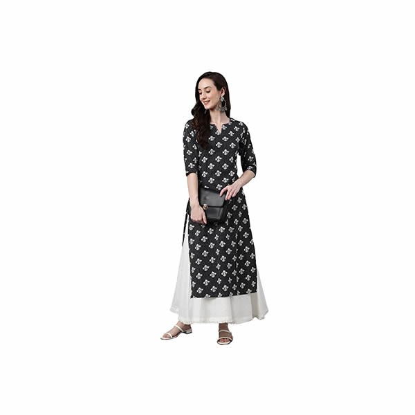 Women's Black Cotton Floral Print Straight Kurta