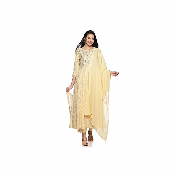 Women's Cotton Embroidery & Floral Printed Anarkali Kurta Pant & Dupatta Set