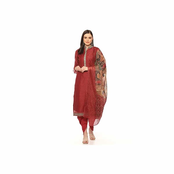 Women's Maroon Chanderi Machine Embroidered Unstitched Suit Set