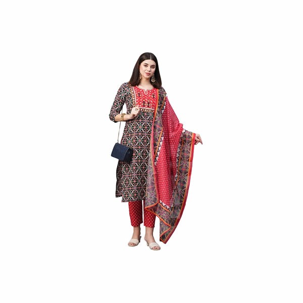 Women's Cotton Blend Printed Straight Kurta with Pant & Dupatta (Makshi)