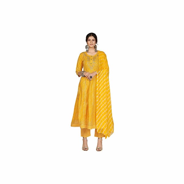 Women's Bandhani & Embroidered Anarkali Cotton Stitched Kurta Pant with Dupatta