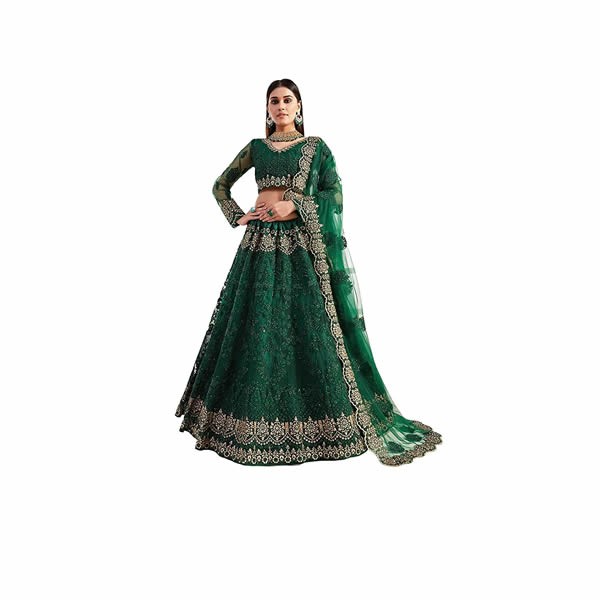 Women's Net Embroidered Semi-Stitched Lehenga Choli(2-Ton_Green_Free Size)