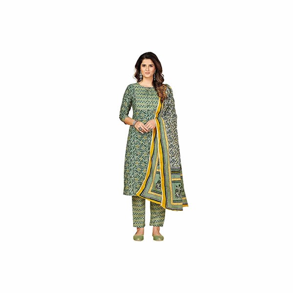 Women's Printed & Sequience Work Straight Cotton Green Stitched Kurta Pant with Dupatta