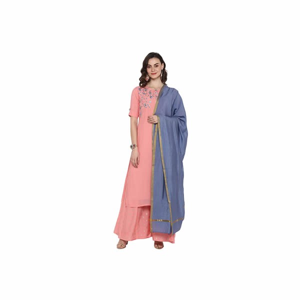 Women's Pink Poly Muslin Kurta With Palazzo and Dupatta