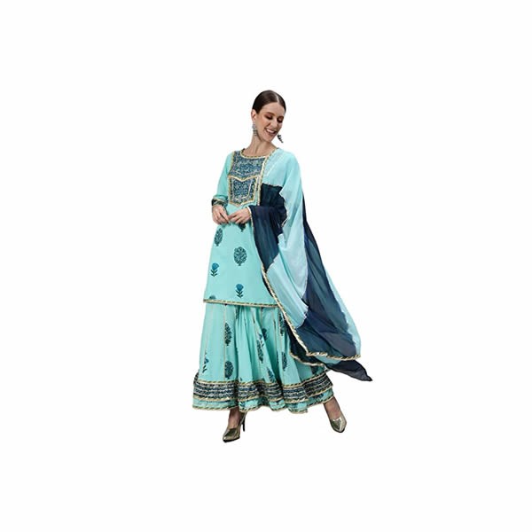 Women's Pure Cotton Embroidered Gotta Patti Blue Floral Print Straight Kurta Suit Set with Dupatta & Sharara