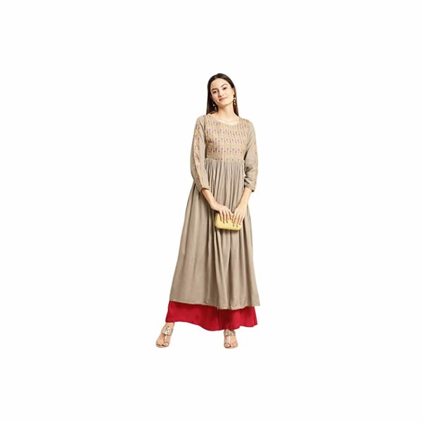 Women Rayon Olive Yoke Embroidered Calf Length Kurti