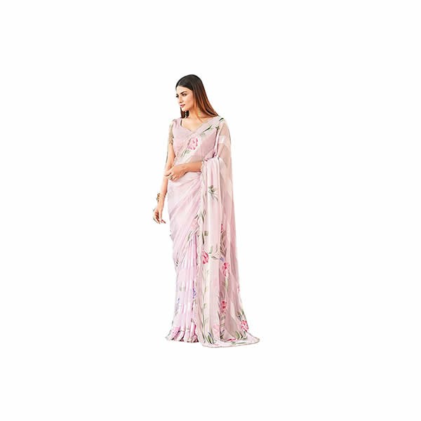 Women's Satin Hand Print Saree (TI3310_Baby Pink)